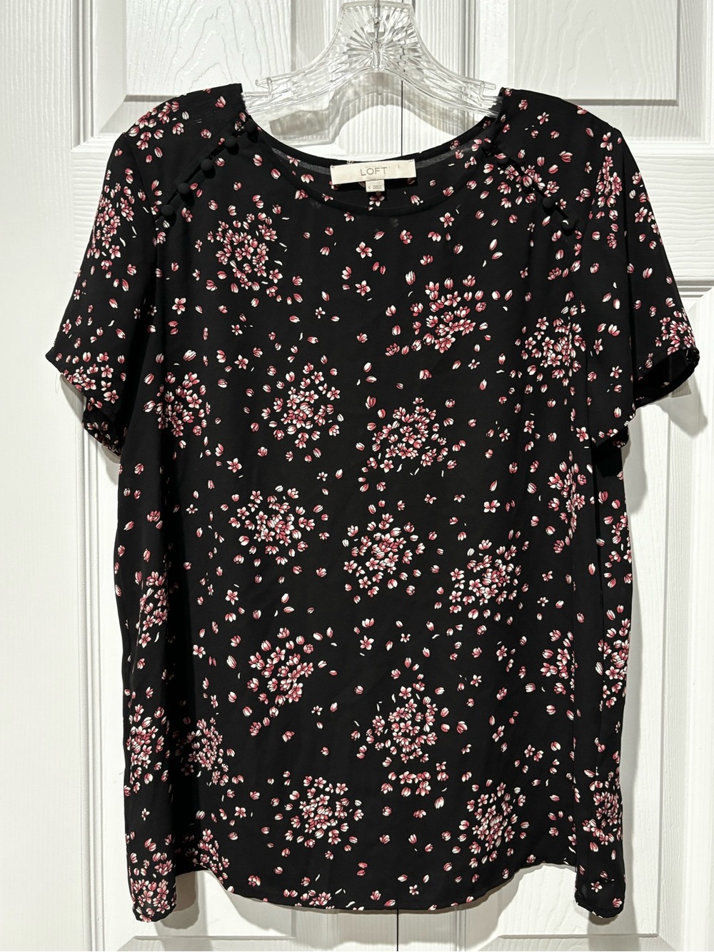 LOFT Black Blouse with Pink Floral Clusters